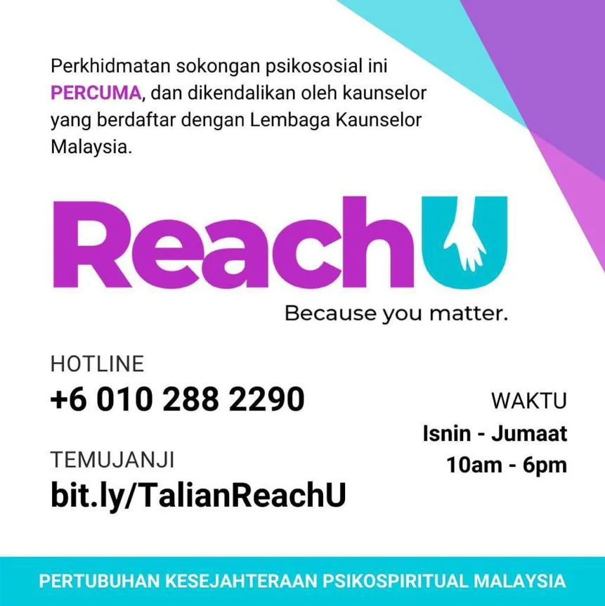 Poster khidmat kaunseling percuma ReachU: hotline 010 288 2290, Isnin hingga Jumaat 10 pagi hingga 6 petang